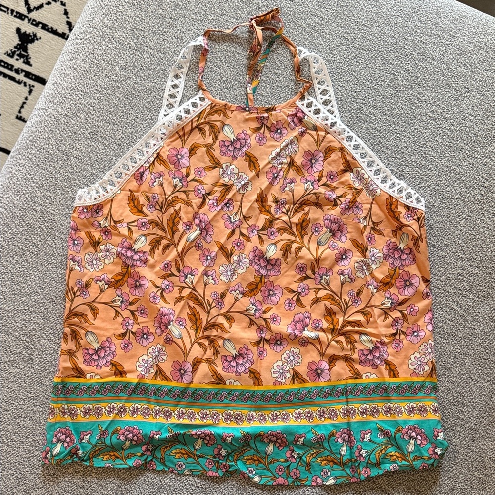 Cupshe Peach Floral Halter Tank with Crochet Trim